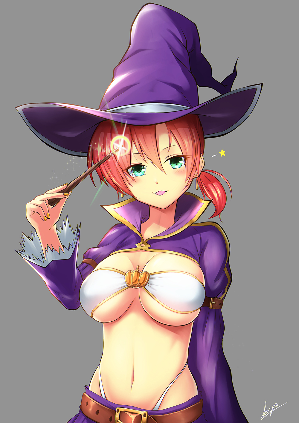 1girl :p belt blush boudica_(fate/grand_order) bra breasts cleavage earrings fate/grand_order fate_(series) green_eyes grey_background halloween_costume hat highleg highleg_panties highres jewelry kyu_(wein-seria) large_breasts looking_at_viewer magic navel panties redhead short_hair short_ponytail signature solo star tongue tongue_out under_boob underwear wand white_bra white_panties witch_hat