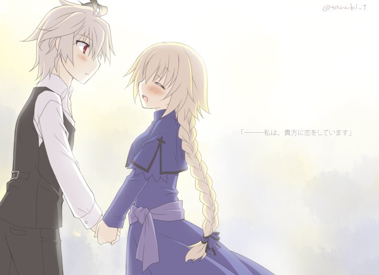 1boy 1girl ahoge bangs black_pants blonde_hair blush braid capelet closed_eyes commentary couple dress eyebrows_visible_through_hair fate/apocrypha fate/grand_order fate_(series) from_side hair_ornament hand_holding hetero long_braid long_hair long_sleeves looking_at_another pants purple_dress purple_ribbon red_eyes ribbon ruler_(fate/apocrypha) shirt short_hair sieg_(fate/apocrypha) silver_hair single_braid tadano_tanuki translation_request very_long_hair waistcoat white_shirt