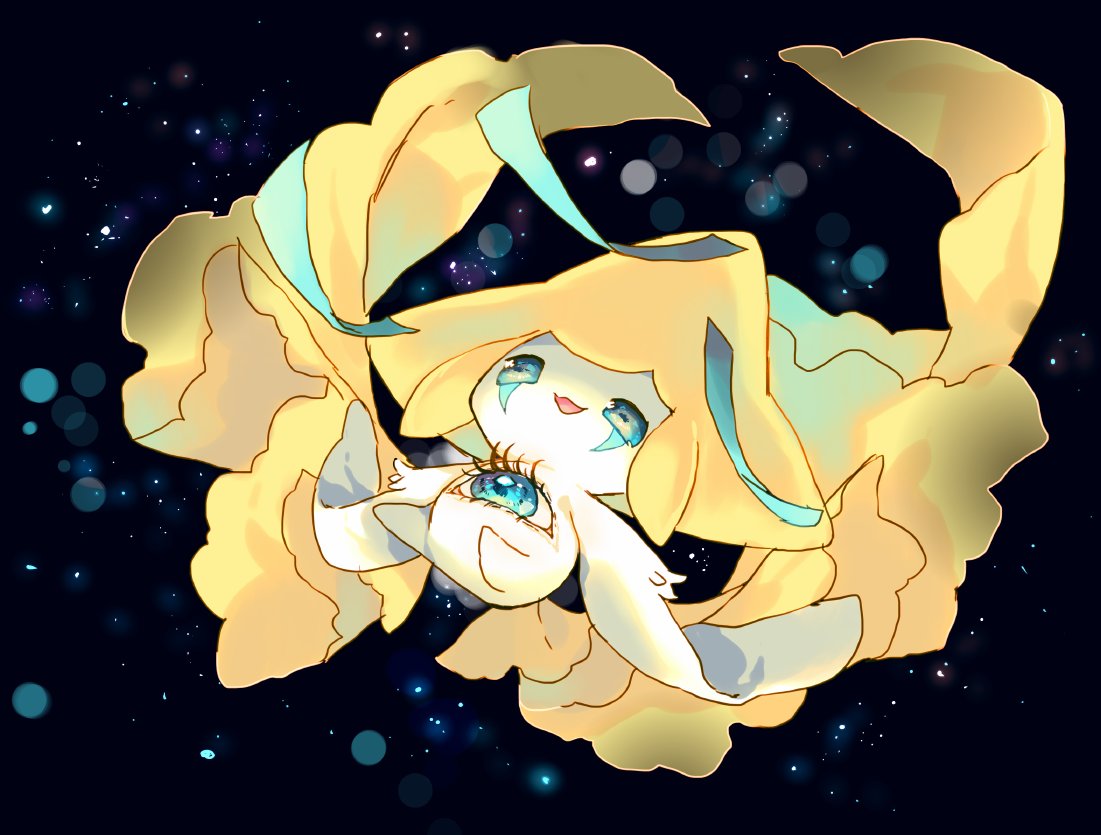 :3 :d blue_background blue_eyes commentary_request eyelashes floating full_body jirachi nekotorina no_humans open_mouth pokemon pokemon_(creature) smile solo third_eye