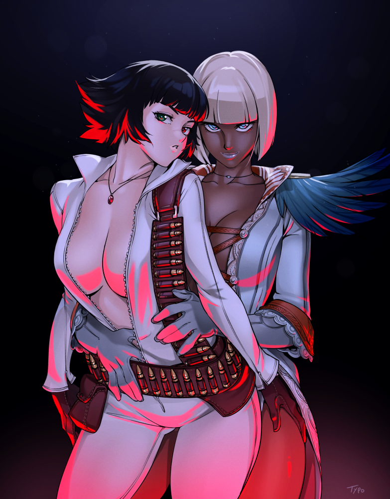 2girls belt black_hair blue_eyes bob_cut breasts center_opening cleavage closed_mouth collarbone couple dark_background dark_skin devil_may_cry devil_may_cry_4 female gloria_(devil_may_cry) grey_lipstick hand_on_another's_hip hand_on_another's_leg hand_on_another's_thigh hand_on_leg hand_under_clothes highres hug hug_from_behind interracial jacket jewelry lady_(devil_may_cry) lips lipstick looking_at_viewer makeup multiple_girls mutual_yuri neck necklace open_clothes parted_lips shell_casing short_hair smile standing typo_(requiemdusk) unzipped utility_belt white_hair white_jacket yuri zipper