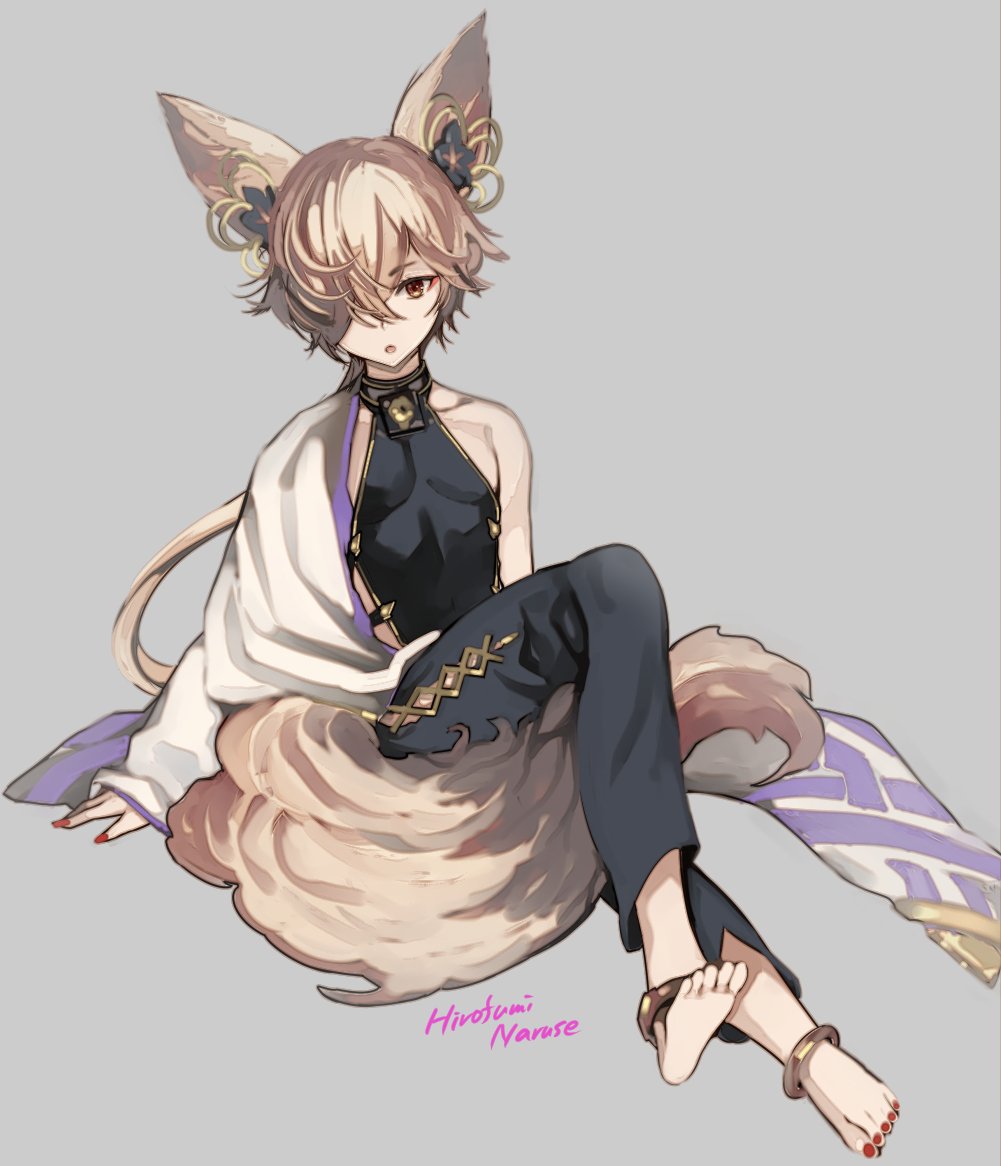 1boy animal_ears backless_outfit barefoot brown_eyes collar erun_(granblue_fantasy) fox_ears fox_tail granblue_fantasy hair_ornament hair_over_one_eye kou_(granblue_fantasy) long_hair male_focus nail_polish naruse_hirofumi open_mouth tail