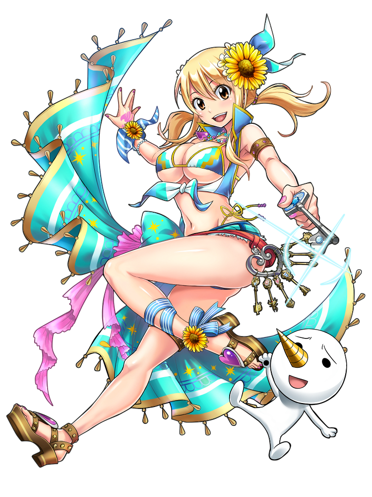 1girl :d ankle_ribbon armlet bikini blonde_hair blue_ribbon breasts brown_eyes cleavage fairy_tail flower full_body hair_between_eyes hair_flower hair_ornament holding_key jewelry large_breasts long_hair lucy_heartfilia midriff nail_polish navel necklace one_leg_raised open_mouth outstretched_arms pink_nails plue ribbon shiny shiny_skin sideboob smile solo stomach striped striped_ribbon sunflower swimsuit toenail_polish transparent_background twintails under_boob wrist_ribbon yellow_flower