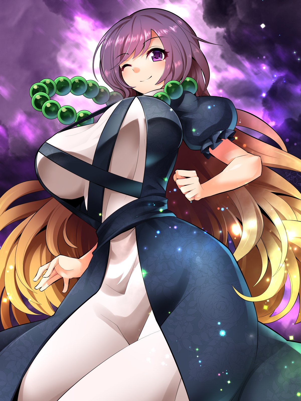 1girl bangs bead_necklace beads big_hair black_dress blonde_hair blush breasts brown_hair clenched_hand clouds cloudy_sky commentary dress eyebrows_visible_through_hair floral_print frilled_sleeves frills highres hijiri_byakuren hips jewelry large_breasts layered_dress light_particles long_hair looking_at_viewer necklace prayer_beads puffy_short_sleeves puffy_sleeves purple_hair purple_sky reflective_eyes shiny shiny_hair short_sleeves sky smile solo touhou umigarasu_(kitsune1963) very_long_hair violet_eyes waist white_dress