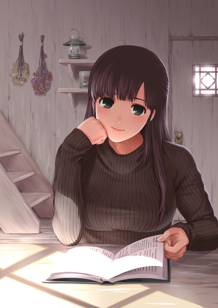 1girl book breasts clenched_hand domestic_na_kanojo door hand_on_own_cheek lamp large_breasts light_blush light_smile long_hair open_book ribbed_sweater sasuga_kei shade solo stairs sweater tachibana_hina turtleneck turtleneck_sweater