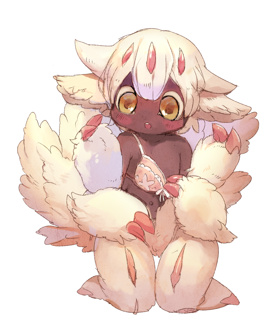 1girl bangs blush bra dark_skin extra_arms faputa flat_chest kneeling looking_at_viewer made_in_abyss manino_(mofuritaionaka) monster_girl parted_lips paws short_hair solo thigh_gap underwear undone_bra white_background white_hair yellow_eyes