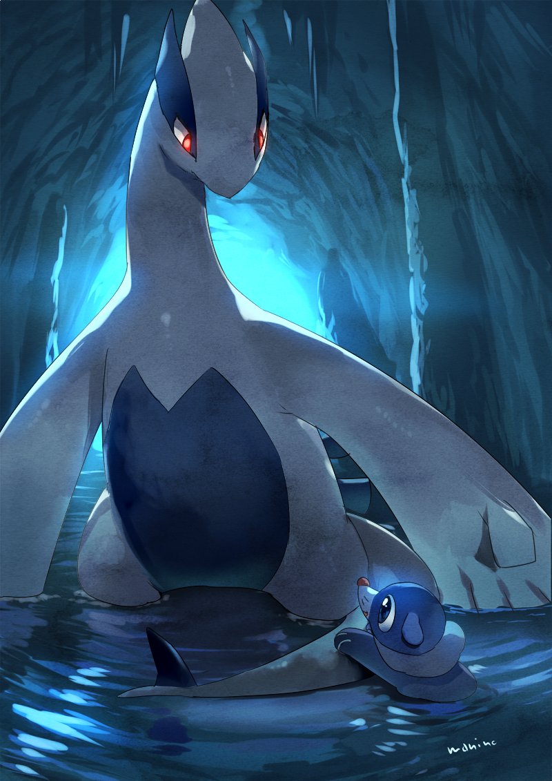 afloat cave legendary_pokemon looking_at_another looking_down lugia manino_(mofuritaionaka) parted_lips pokemon popplio red_eyes ripples signature tail tail_grab wading water water_surface
