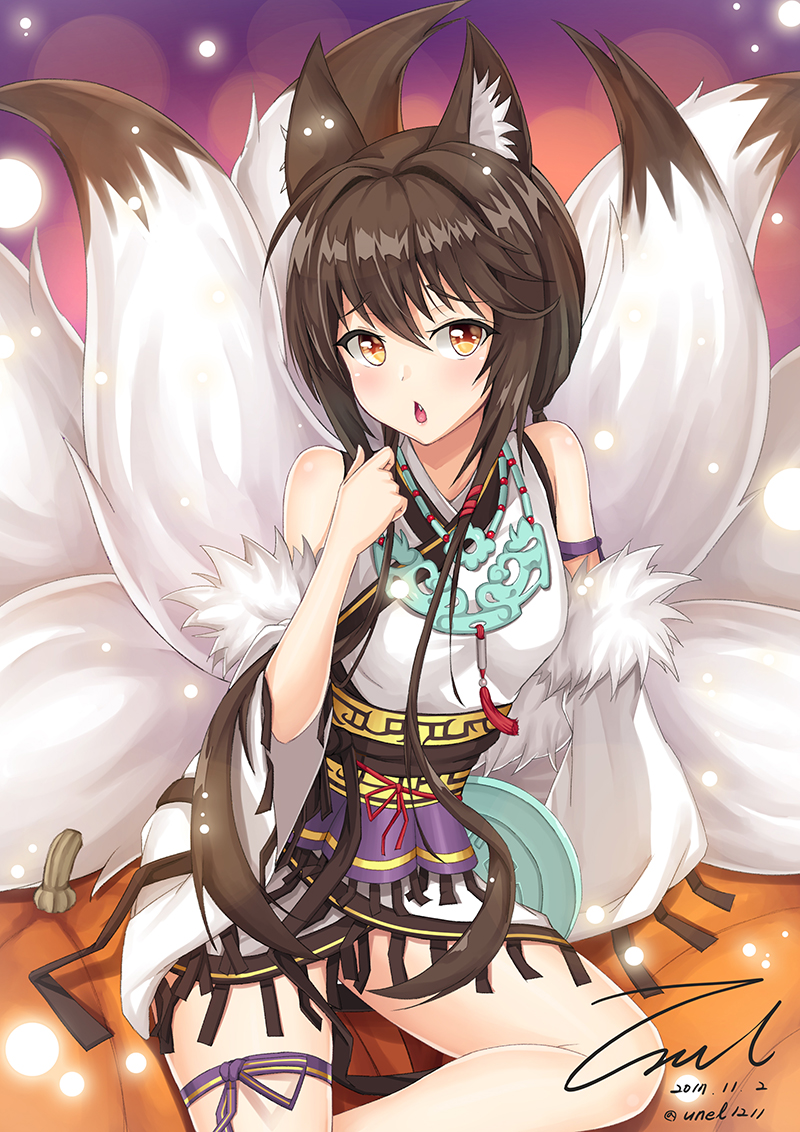 1girl animal_ears bangs bare_shoulders black_hair blush breasts character_request chestnut_mouth dated detached_sleeves fang fox_ears fox_tail fur_trim girls_frontline japanese_clothes kimono kitsune looking_at_viewer multiple_tails obi parted_lips sash short_hair_with_long_locks short_kimono signature sitting small_breasts solo swept_bangs tail twitter_username unel1211 wide_sleeves yellow_eyes