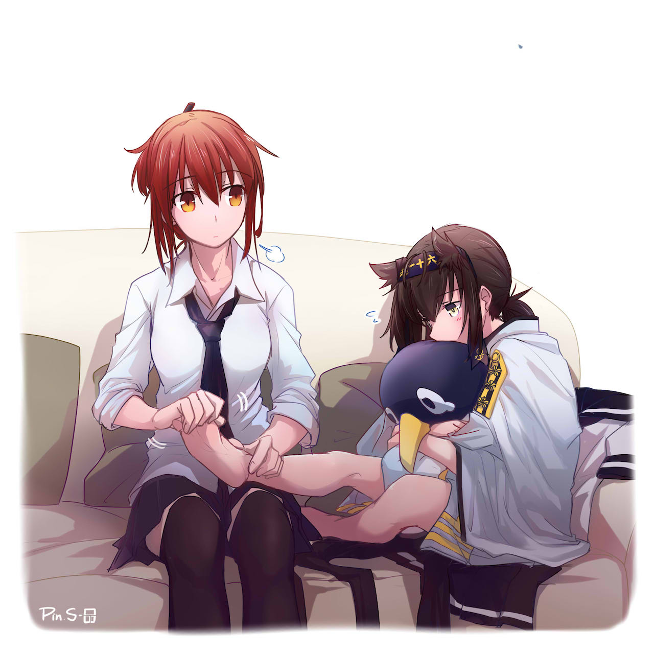2girls bangs barefoot black_legwear blush borrowed_garments breasts brown_hair character_doll clothes_removed clothes_writing couch dress_shirt epaulettes expressionless eyebrows_visible_through_hair failure_penguin feet female_admiral_(kantai_collection) foot_massage hachimaki hair_between_eyes hairband hands_on_feet hatsuzuki_(kantai_collection) headband highres kantai_collection long_sleeves medium_breasts military_jacket multiple_girls necktie pillow pillow_hug pin.s pleated_skirt ponytail redhead shirt short_hair signature sitting skirt soles thigh-highs yellow_eyes