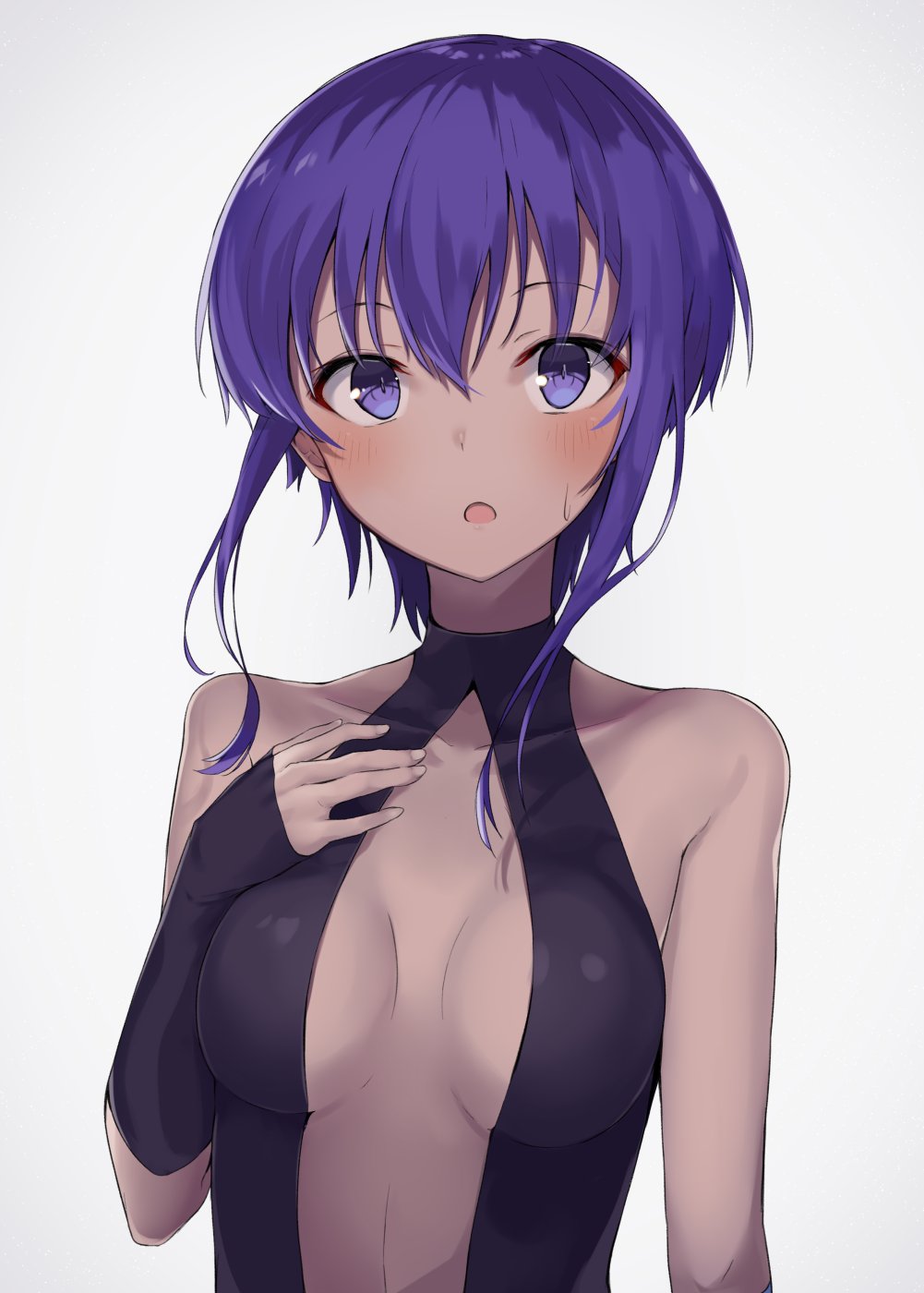 1girl assassin_(fate/prototype_fragments) bare_shoulders blush breasts dark_skin fate/prototype fate/prototype:_fragments_of_blue_and_silver fate_(series) fingerless_gloves gloves gradient gradient_background highres looking_at_viewer medium_breasts open_mouth purple_hair short_hair solo upper_body violet_eyes