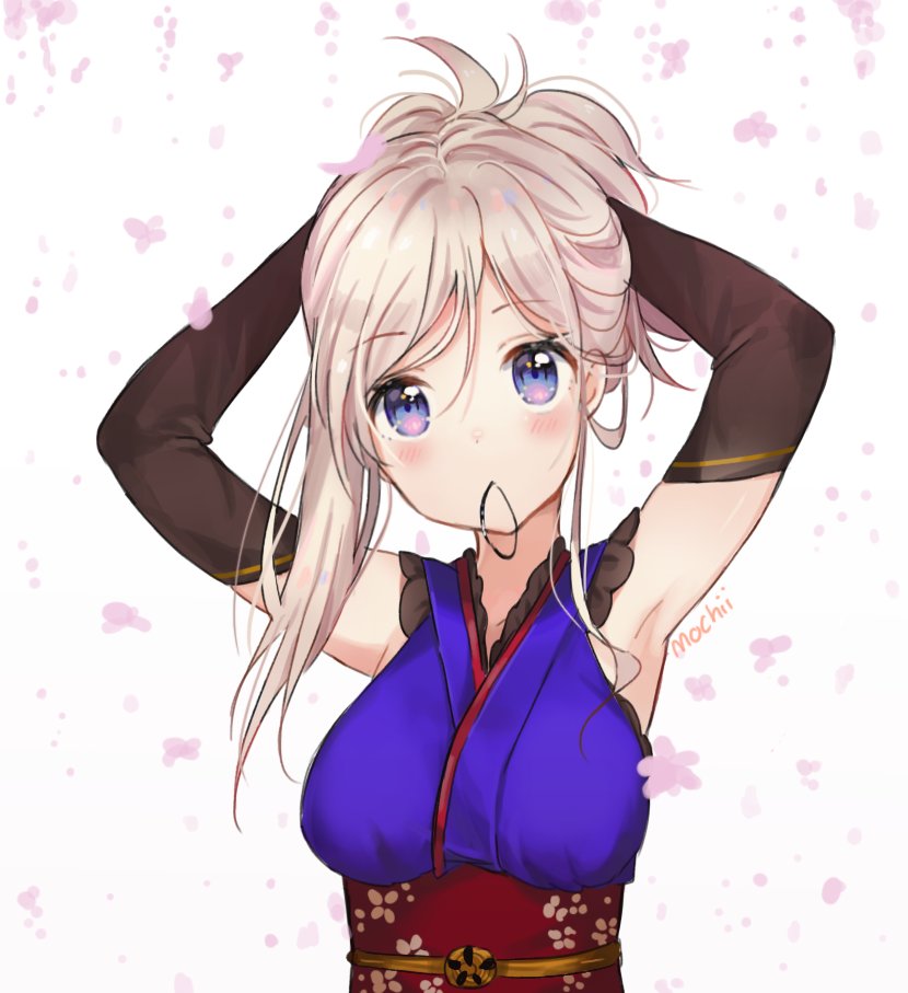 1girl armpits arms_up bangs blue_eyes blush breasts commentary elbow_gloves eyebrows_visible_through_hair fate/grand_order fate_(series) gloves hair_tie long_hair looking_at_viewer medium_breasts miyamoto_musashi_(fate/grand_order) mochii mouth_hold signature silver_hair solo tying_hair upper_body