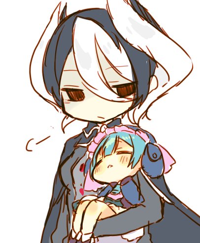 1boy 1girl blue_hair cape carrying closed_eyes closed_mouth commentary_request eyebrows_visible_through_hair hair_between_eyes looking_away lowres made_in_abyss maid maid_headdress maruruk nekotorina ozen parted_lips short_hair simple_background sleeping standing trap whistle white_background