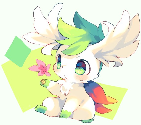 blue_background closed_mouth commentary_request flower full_body green_eyes nekotorina no_humans pokemon pokemon_(creature) shaymin simple_background sitting solo