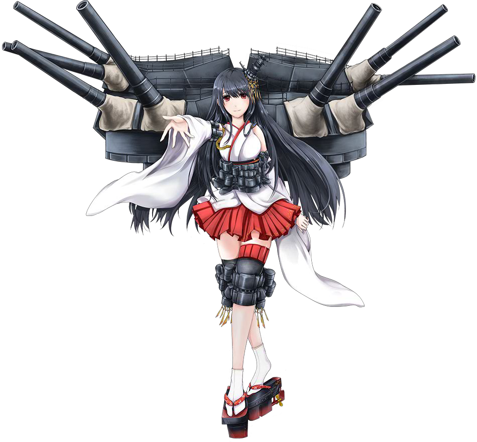 1girl arm_at_side black_hair cannons closed_mouth detached_sleeves full_body fusou_(kantai_collection) hair_ornament hull_shoes japanese_clothes kantai_collection kanzashi kimono legs legs_crossed light_smile long_hair looking_at_viewer miniskirt nontraditional_miko okobo outstretched_hand red_eyes rigging rikka_(rikka331) sandals skirt solo tabi tassel thigh_strap transparent_background turret very_long_hair watson_cross wide_sleeves