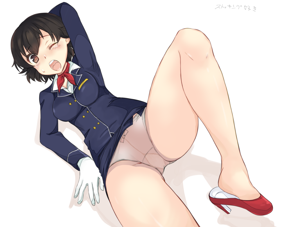 1girl abenattou alternate_costume arm_behind_back ascot bangs blue_jacket blue_skirt bow bow_panties brown_eyes brown_hair carpaccio commentary_request crotch_seam fallen_down girls_und_panzer gloves gusset high_heels jacket leg_up long_sleeves looking_at_viewer lying on_back one_eye_closed open_mouth panties pantyhose pencil_skirt red_neckwear sheer_legwear shirt short_hair simple_background skirt skirt_lift solo stewardess sweatdrop underwear white_background white_gloves white_legwear white_panties white_shirt