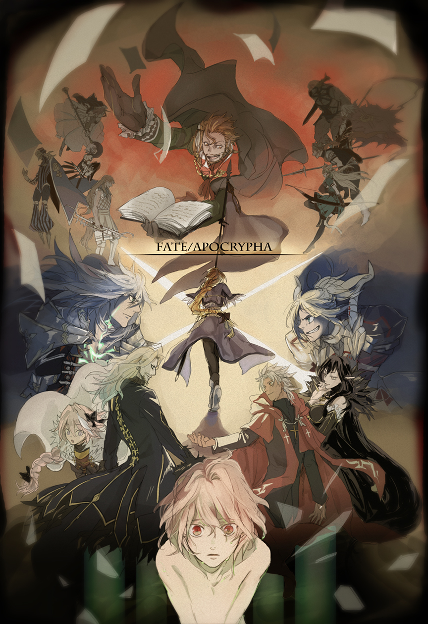 6+boys 6+girls ahoge archer_of_black archer_of_red armor armored_dress assassin_of_black assassin_of_red beard berserker_of_black berserker_of_red blonde_hair book braid brown_hair caster_of_black caster_of_red dark_skin facial_hair fate/apocrypha fate/grand_order fate_(series) hamo highres holding holding_weapon karna_(fate) kotomine_shirou lancer_of_black long_hair multiple_boys multiple_girls pink_hair ponytail red_eyes rider_of_black rider_of_red ruler_(fate/apocrypha) saber_of_black saber_of_red scar shirtless short_hair sieg_(fate/apocrypha) single_braid trap very_long_hair weapon white_hair