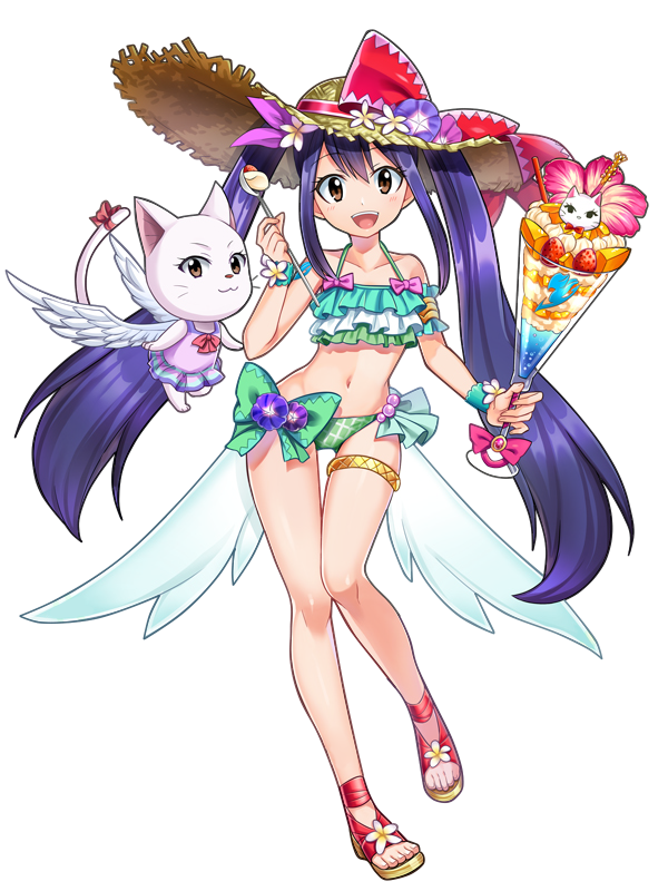 1girl :d bikini blue_hair blush bow brown_eyes cat charle_(fairy_tail) collarbone eyebrows_visible_through_hair fairy_tail feathered_wings floating_hair flower food frilled_bikini frills full_body green_bikini green_bow hair_between_eyes hair_ribbon hat hat_bow hat_flower holding holding_food long_hair navel open_mouth purple_flower purple_ribbon red_bow ribbon smile solo standing straw_hat sun_hat swimsuit tattoo thighlet transparent_background twintails very_long_hair wendy_marvell white_flower white_wings wings wrist_cuffs
