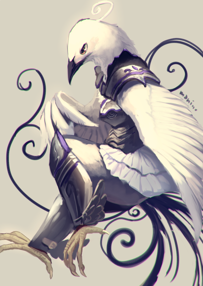 armor beak bird breastplate claws commentary_request feathers from_side full_body furry greaves grey_background legs_crossed manino_(mofuritaionaka) original profile signature simple_background solo spaulders wings yellow_eyes