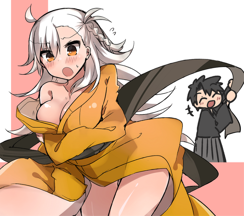 1boy 1girl :d :o ^_^ ahoge blush braid breasts cleavage closed_eyes embarrassed fate/grand_order fate_(series) fujimaru_ritsuka_(male) japanese_clothes kimono large_breasts long_hair obi_spin off_shoulder ohitashi_netsurou olga_marie_animusphere open_mouth side_braid silver_hair smile yellow_eyes