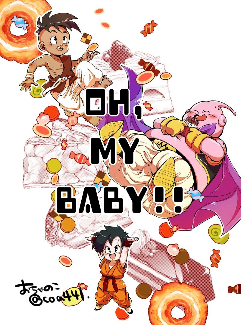 1girl 2boys :d arms_up artist_name barefoot black_eyes black_hair blush candy cape chocolate dougi dragon_ball eyebrows_visible_through_hair floating food gloves happy majin_buu mohawk multiple_boys ochanoko_(get9-sac) open_mouth pan_(dragon_ball) short_hair simple_background smile text twitter_username uub white_background wristband