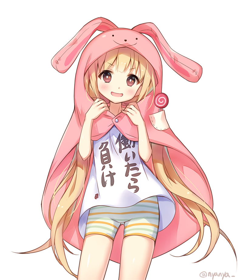 &gt;:d 1girl :d animal_hood brown_eyes bunny_hood candy commentary_request food futaba_anzu himouto!_umaru-chan hood idolmaster idolmaster_cinderella_girls light_brown_hair lollipop long_hair looking_at_viewer nyanya open_mouth parody shirt shorts simple_background smile solo striped striped_shorts t-shirt translation_request twitter_username white_background you_work_you_lose