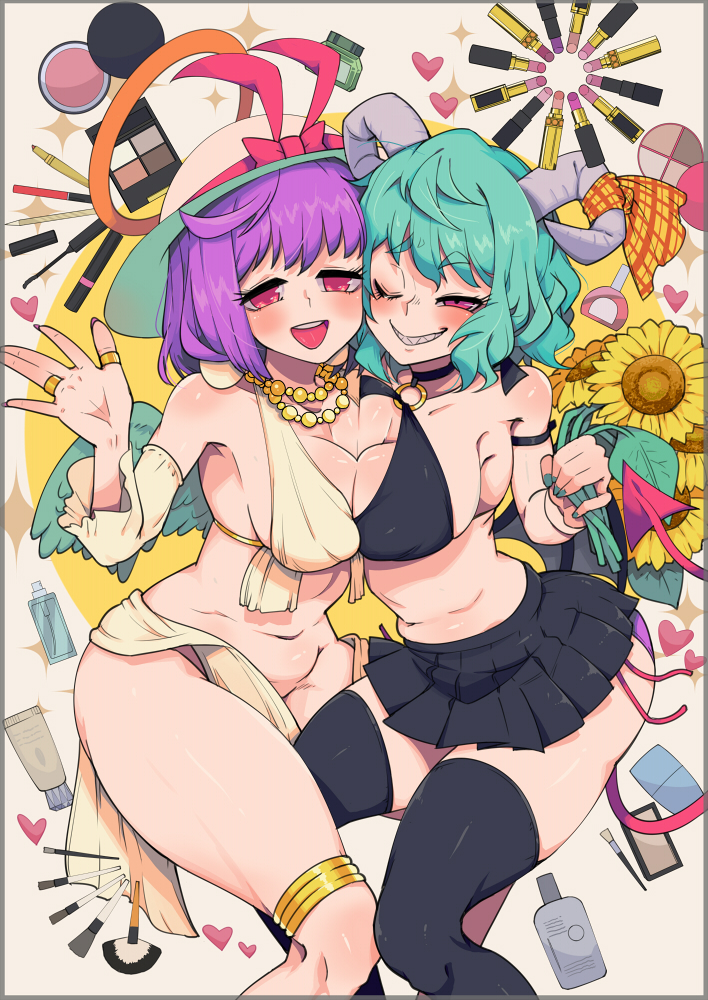 2girls :d armpit_peek bangs bare_shoulders black_bra black_legwear black_skirt blush bow bra breast_press breasts cosmetics detached_sleeves eyebrows_visible_through_hair feet_out_of_frame flower green_hair grin hair_bow hand_up hat horns jewelry kazami_yuuka koutamii large_breasts legband lipstick_tube looking_at_viewer makeup miniskirt multiple_girls nagae_iku navel necklace o-ring one_eye_closed open_mouth pearl_necklace pleated_skirt plump red_bow red_eyes ring sharp_teeth short_hair skirt smile standing sunflower symmetrical_docking teeth thigh-highs touhou underwear violet_eyes