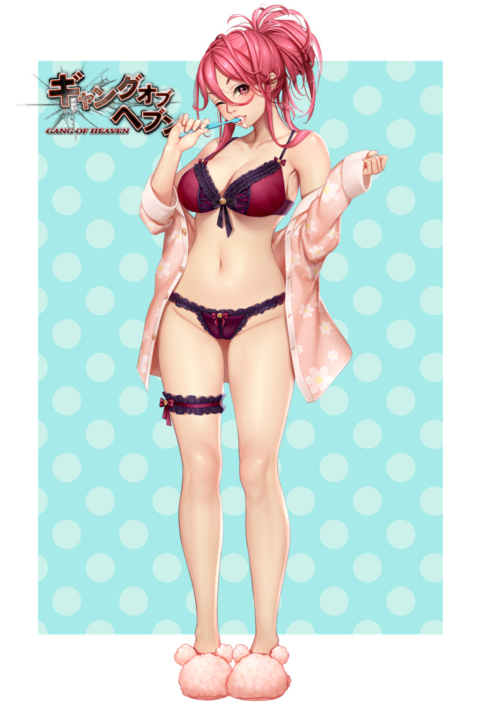 1girl apron bare_legs bare_shoulders blush bra breasts cleavage collarbone copyright_name frilled_apron frilled_bra frills full_body gang_of_heaven groin large_breasts leg_garter legs_apart lingerie long_hair long_sleeves looking_at_viewer masami_chie navel off_shoulder official_art one_eye_closed open_pajamas outside_border pajamas panties pink_footwear polka_dot polka_dot_background ponytail purple_bra purple_panties red_eyes redhead sidelocks slippers solo standing stomach unbuttoned underwear
