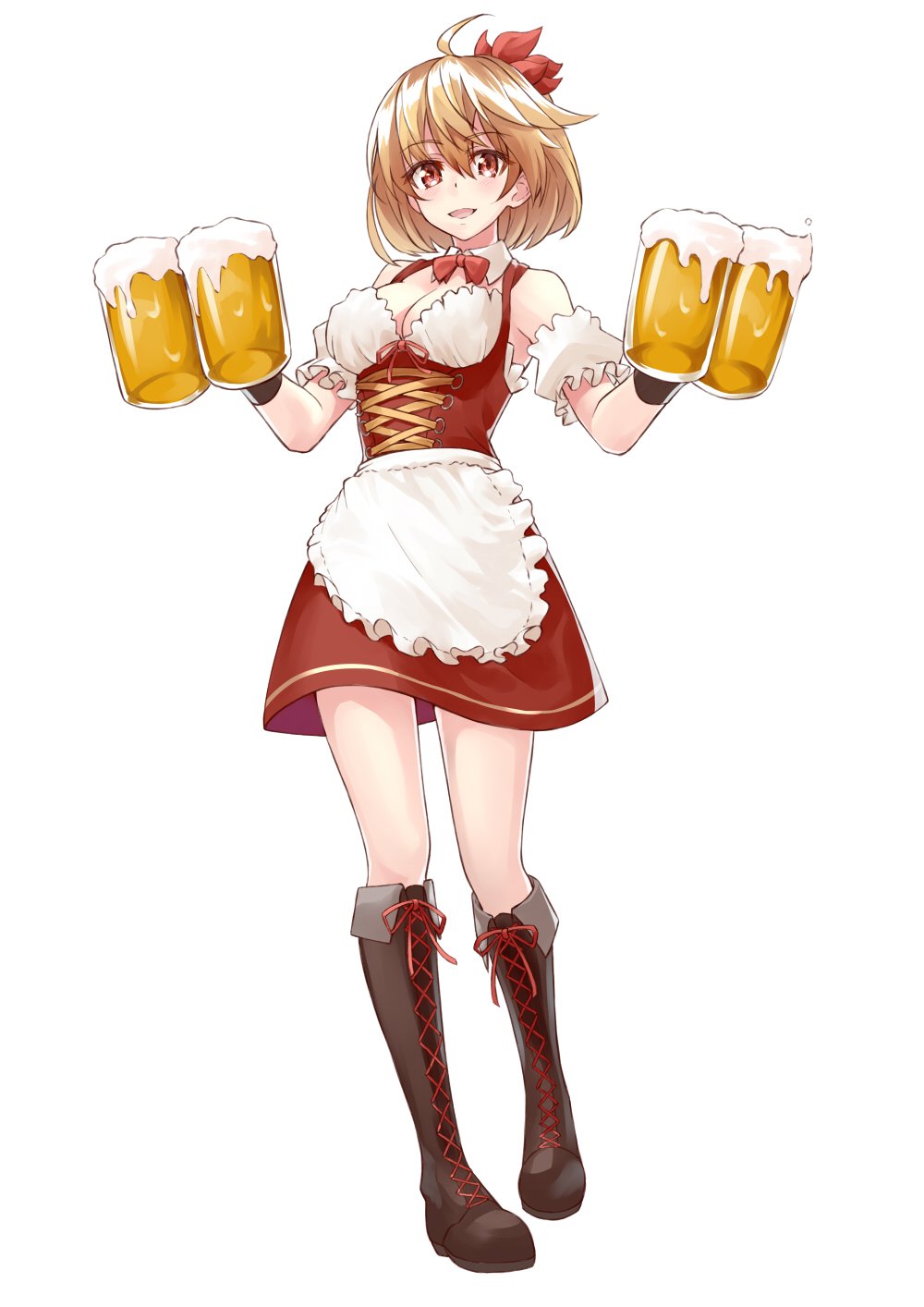 1girl ahoge aki_shizuha alcohol alternate_costume apron bare_shoulders beer beer_mug blonde_hair boots breasts cleavage cross-laced_footwear dirndl dress full_body german_clothes hair_between_eyes highres holding lace-up_boots looking_at_viewer medium_breasts red_dress red_eyes short_dress shunichi simple_background smile solo standing touhou underbust waist_apron white_background