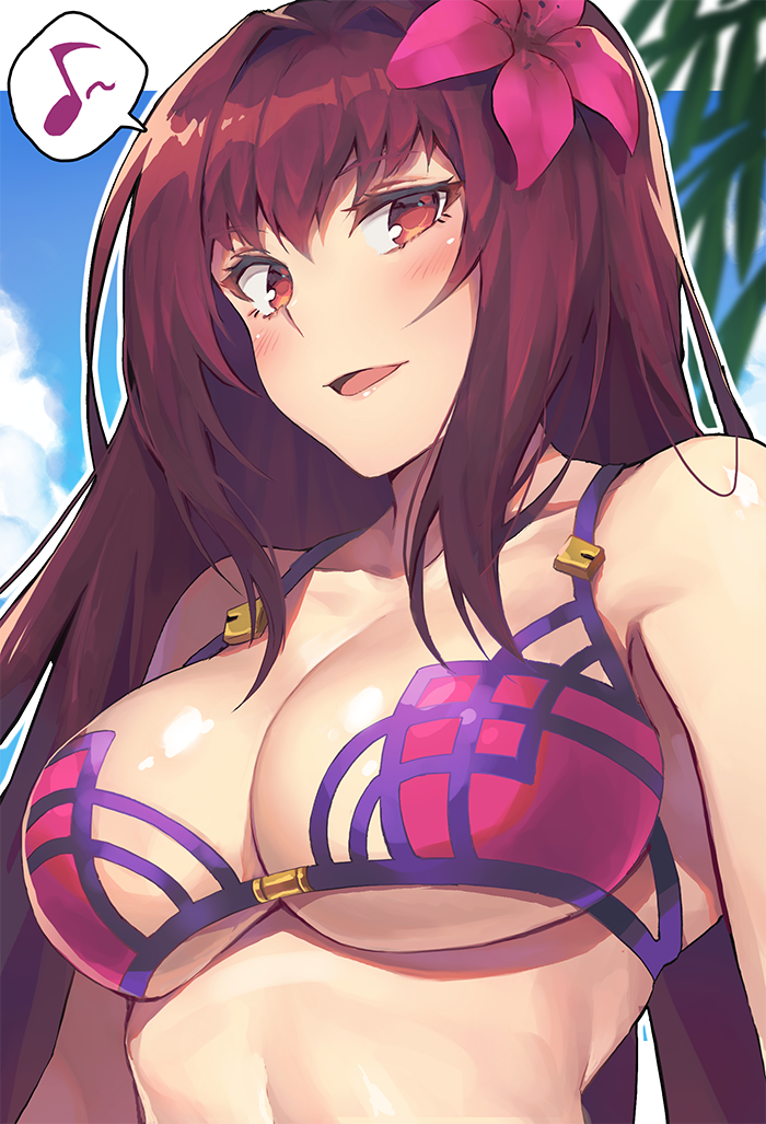 1girl :d bangs bare_shoulders bikini_top blue_sky blush breasts cleavage collarbone commentary day eyebrows_visible_through_hair fate/grand_order fate_(series) flower g.t hair_flower hair_intakes hair_ornament hibiscus large_breasts long_hair looking_at_viewer musical_note open_mouth outdoors pink_bikini_top quaver red_eyes redhead scathach_(fate/grand_order) scathach_(swimsuit_assassin)_(fate) sky smile solo spoken_musical_note under_boob upper_body