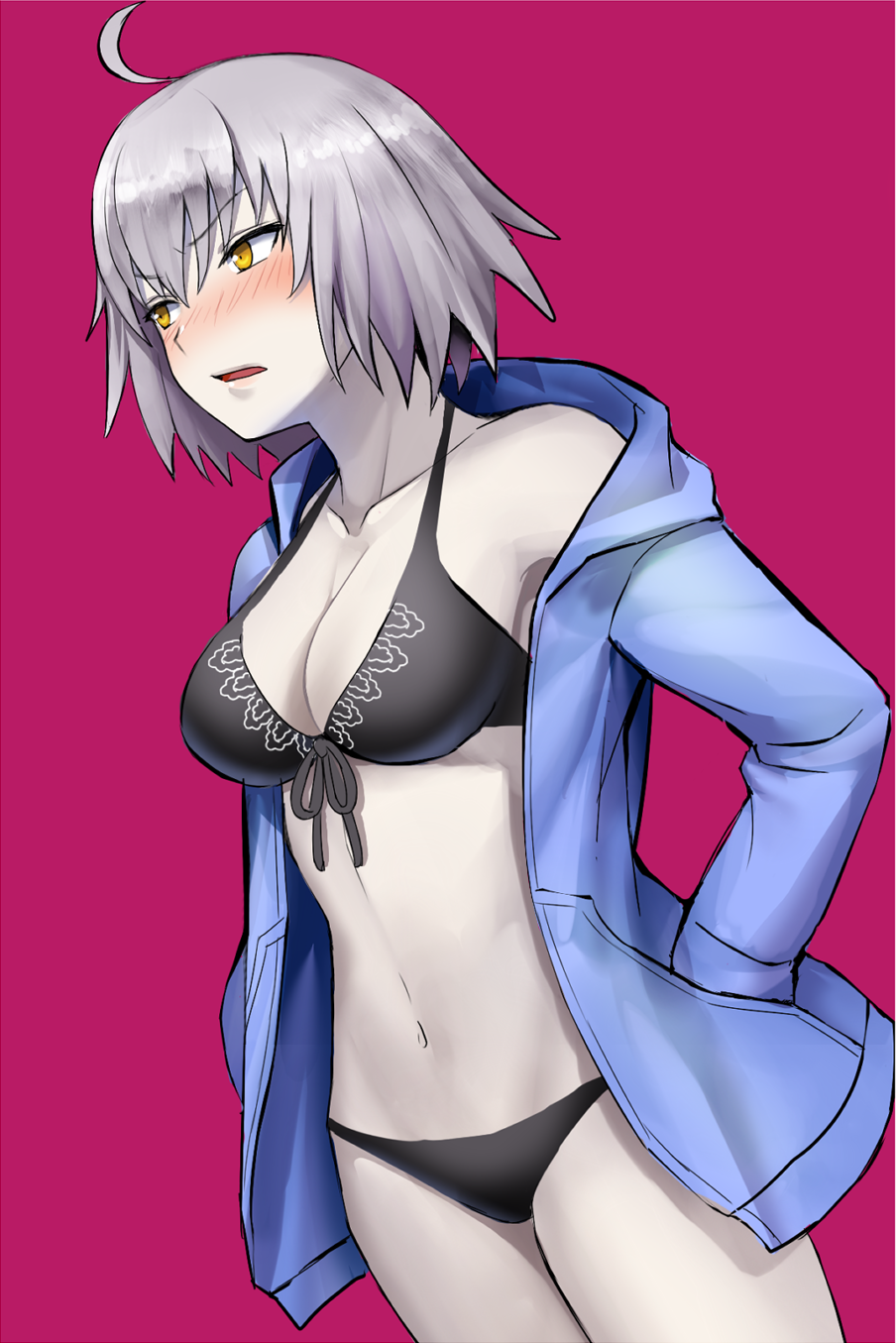 1girl ahoge bikini black_bikini blush breasts fate/grand_order fate_(series) front-tie_bikini front-tie_top hands_in_pockets headpiece highres hood hooded_jacket jacket jeanne_alter looking_away medium_breasts nose_blush open_clothes open_jacket pantsu_majirou ruler_(fate/apocrypha) short_hair silver_hair simple_background swimsuit yellow_eyes