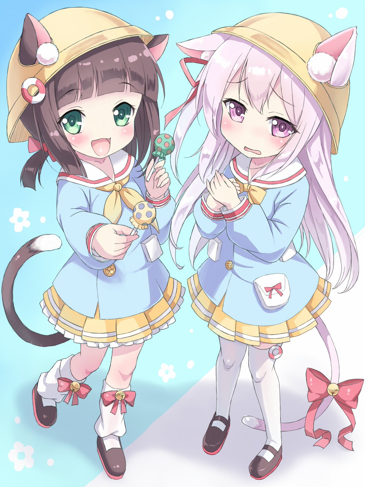 2girls animal_ears azur_lane bell blue_shirt brown_hair candy cat_ears cat_tail child food full_body green_eyes hands_on_own_chest hands_together hat highres jingle_bell kimagure_blue kindergarten_uniform kisaragi_(azur_lane) kneehighs lollipop long_hair mary_janes multiple_girls mutsuki_(azur_lane) offering one_side_up open_mouth outstretched_arm pink_eyes pink_hair ribbon shirt shoes short_hair side_ponytail skirt smile standing standing_on_one_leg tail thigh-highs twintails white_legwear yellow_skirt