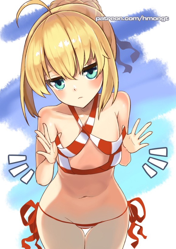 /\/\/\ 1girl ahoge artoria_pendragon_(all) bare_arms bare_shoulders bikini blonde_hair blue_eyes blush closed_mouth collarbone cosplay cowboy_shot criss-cross_halter fate_(series) flat_chest frown halterneck jitome looking_at_viewer navel nero_claudius_(swimsuit_caster)_(fate) nero_claudius_(swimsuit_caster)_(fate)_(cosplay) oversized_clothes phandit_thirathon red_bikini red_ribbon ribbon saber short_hair side-tie_bikini solo standing stomach striped striped_bikini swimsuit thigh_gap watermark web_address