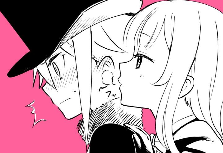 /\/\/\ 2girls ange_(princess_principal) blowing_in_ear blush from_side hand_on_another's_shoulder hat multiple_girls niina_ryou princess_(princess_principal) princess_principal profile red_background simple_background top_hat yuri