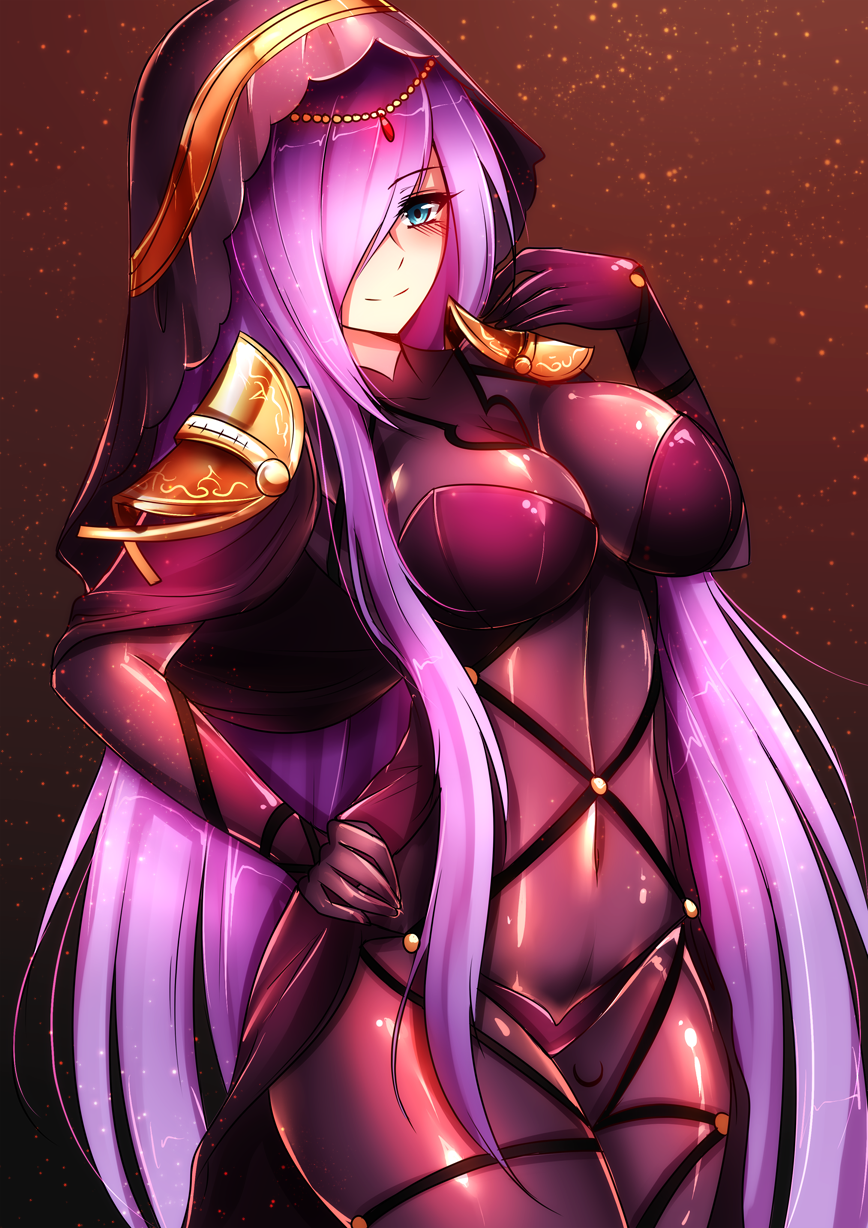1girl blue_eyes blush bodysuit breasts capelet cosplay covered_navel cowboy_shot eyebrows_visible_through_hair fate/grand_order fate_(series) hair_over_one_eye hand_on_hip highres hood_up kuro_kitsune kurona_reole large_breasts long_hair looking_at_viewer purple_bodysuit purple_hair scathach_(fate/grand_order) scathach_(fate/grand_order)_(cosplay) shoulder_pads smile solo very_long_hair