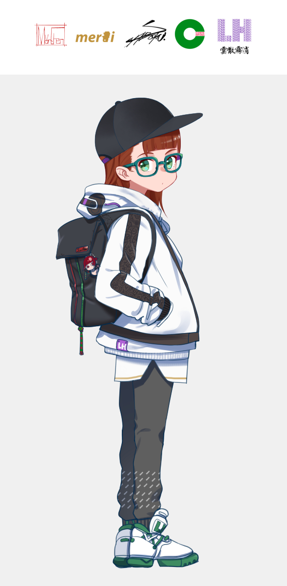 1girl anne_(wixoss) backpack bag bag_charm bangs baseball_cap black_hat black_pants blunt_bangs brown_hair charm_(object) closed_mouth from_side full_body glasses green-framed_eyewear green_eyes grey_background hand_in_pocket hat highres hood hood_down hooded_jacket jacket long_hair long_sleeves looking_at_viewer looking_to_the_side pants shamonabe_(pypyworks) shoes simple_background sneakers solo standing white_footwear white_jacket wixoss