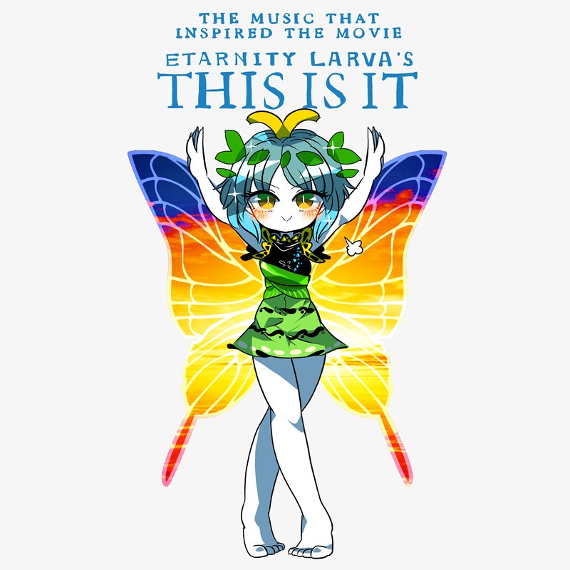 1girl :&gt; antennae arms_up bare_arms bare_legs barefoot blue_hair butterfly_wings commentary_request dress english eternity_larva full_body green_dress hair_ornament leaf_hair_ornament looking_at_viewer michael_jackson pale_skin parody sleeveless sleeveless_dress smile solo standing this_is_it touhou wings yellow_eyes yt_(wai-tei)