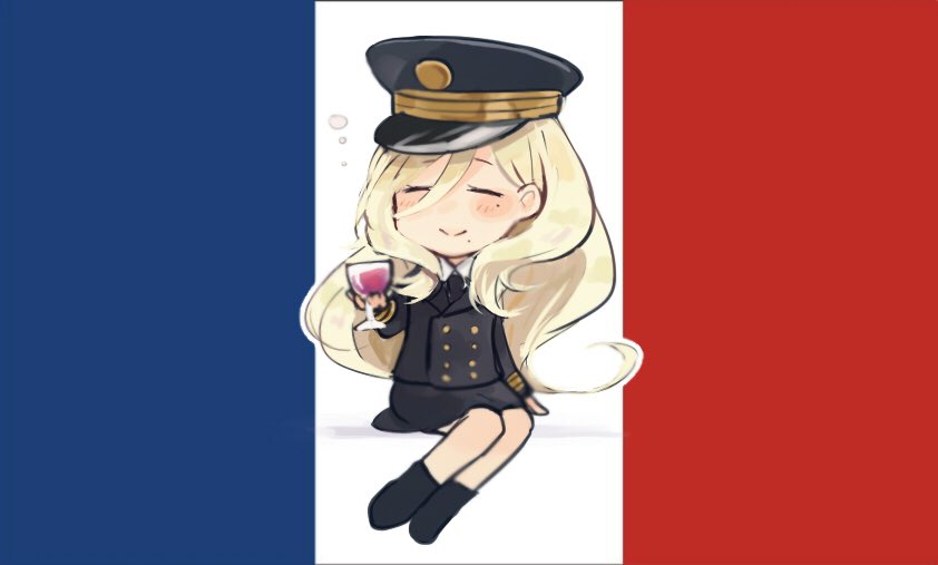 1girl ^_^ alcohol alternate_costume annin_musou blonde_hair closed_eyes cup drinking_glass flag_background french_flag hat kantai_collection long_hair long_sleeves military military_uniform mole mole_under_eye mole_under_mouth peaked_cap richelieu_(kantai_collection) smile solo uniform wine wine_glass
