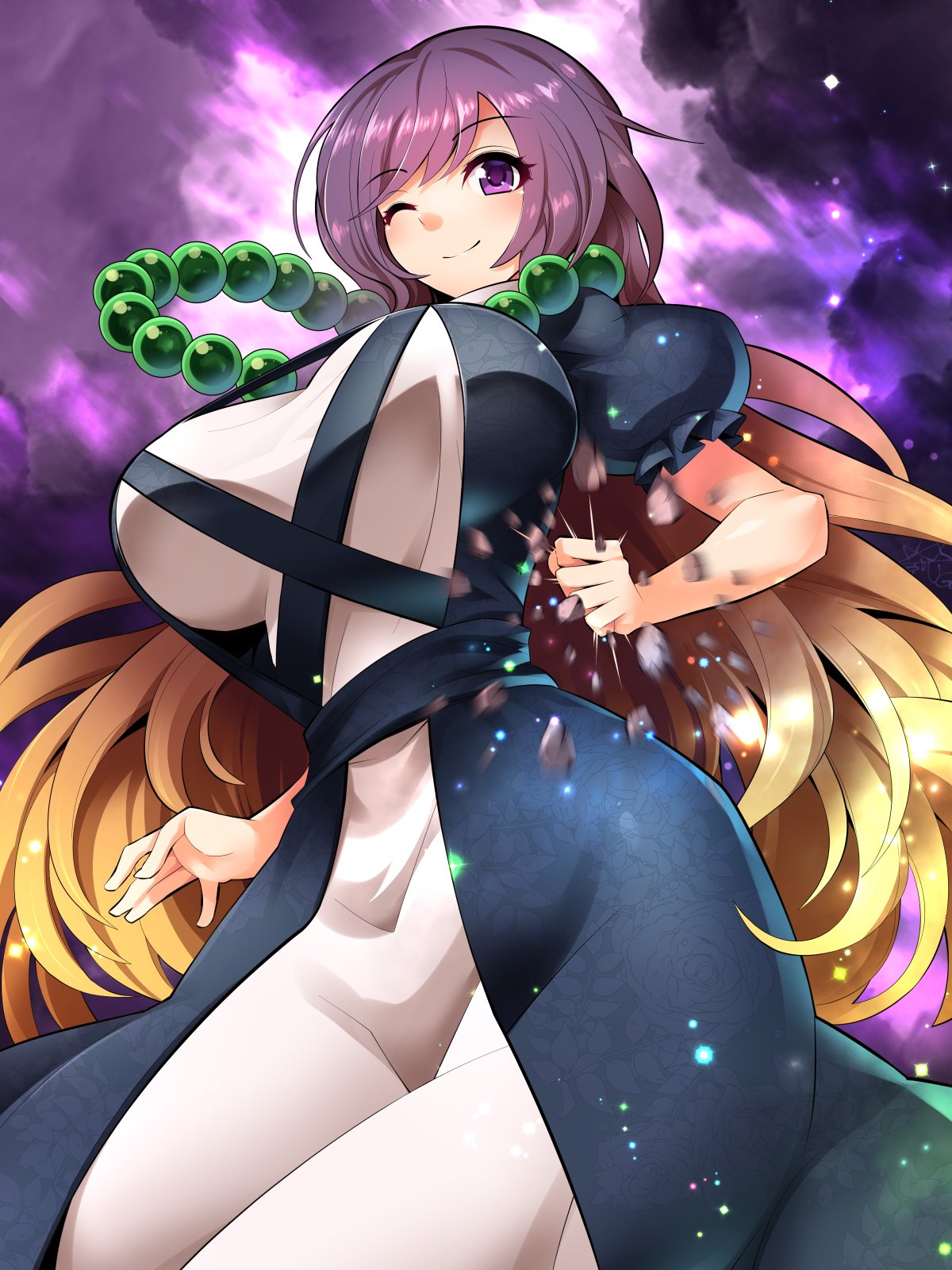 1girl bangs bead_necklace beads big_hair black_dress blonde_hair blush breasts brown_hair clenched_hand clouds cloudy_sky commentary crushing dress eyebrows_visible_through_hair floral_print frilled_sleeves frills highres hijiri_byakuren hips jewelry large_breasts layered_dress light_particles long_hair looking_at_viewer necklace prayer_beads puffy_short_sleeves puffy_sleeves purple_hair purple_sky reflective_eyes rock shiny shiny_hair short_sleeves sky smile solo touhou umigarasu_(kitsune1963) very_long_hair violet_eyes waist white_dress