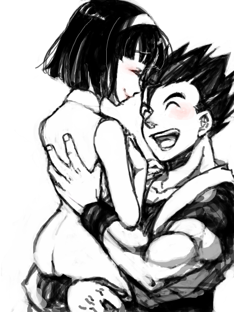 1boy 1girl black_hair blush carrying closed_eyes dougi dragon_ball dragon_ball_super dragonball_z dress hands_on_another's_back happy monochrome open_mouth short_hair simple_background smile son_gohan videl white_background wristband yochimune