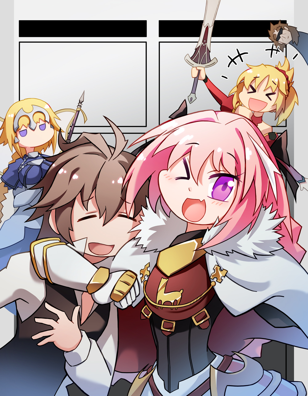 2girls 3boys armor bandeau black_bow blonde_hair blue_eyes bow braid cape clarent commentary fang fate/apocrypha fate/grand_order fate_(series) french_braid gauntlets hair_ribbon headpiece highres long_hair looking_at_viewer multicolored_hair multiple_boys multiple_girls open_mouth pink_hair ponytail ribbon rider_of_black ruler_(fate/apocrypha) saber_of_red scrunchie shishigou_kairi sieg_(fate/apocrypha) single_braid smile standard_bearer streaked_hair trap violet_eyes xin_yu_hua_yin