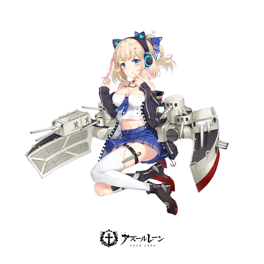 1girl azur_lane blue_eyes breasts cleavage commentary_request hair_ornament hair_ribbon headphones jewelry light_brown_hair long_hair looking_at_viewer machinery maya_g navel necklace official_art pleated_skirt ponytail ribbon richmond_(azur_lane) simple_background skirt smile solo turret white_background
