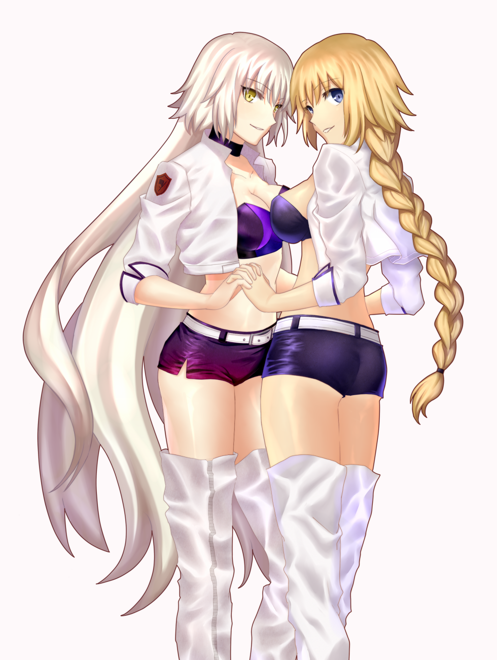 2girls ass belt blonde_hair blue_bra blue_eyes blue_shorts boots bra braid breast_press breasts cleavage eyebrows_visible_through_hair fate/grand_order fate_(series) floating_hair hand_holding highres interlocked_fingers jacket jeanne_alter long_hair looking_at_viewer looking_back medium_breasts midriff multiple_girls open_clothes open_jacket parted_lips ponytail racequeen ruler_(fate/apocrypha) shiny shiny_clothes shiny_skin short_shorts shorts sideboob silver_hair simple_background single_braid smile standing stomach strapless strapless_bra symmetrical_docking thigh-highs thigh_boots underwear very_long_hair white_background white_footwear white_jacket yellow_eyes