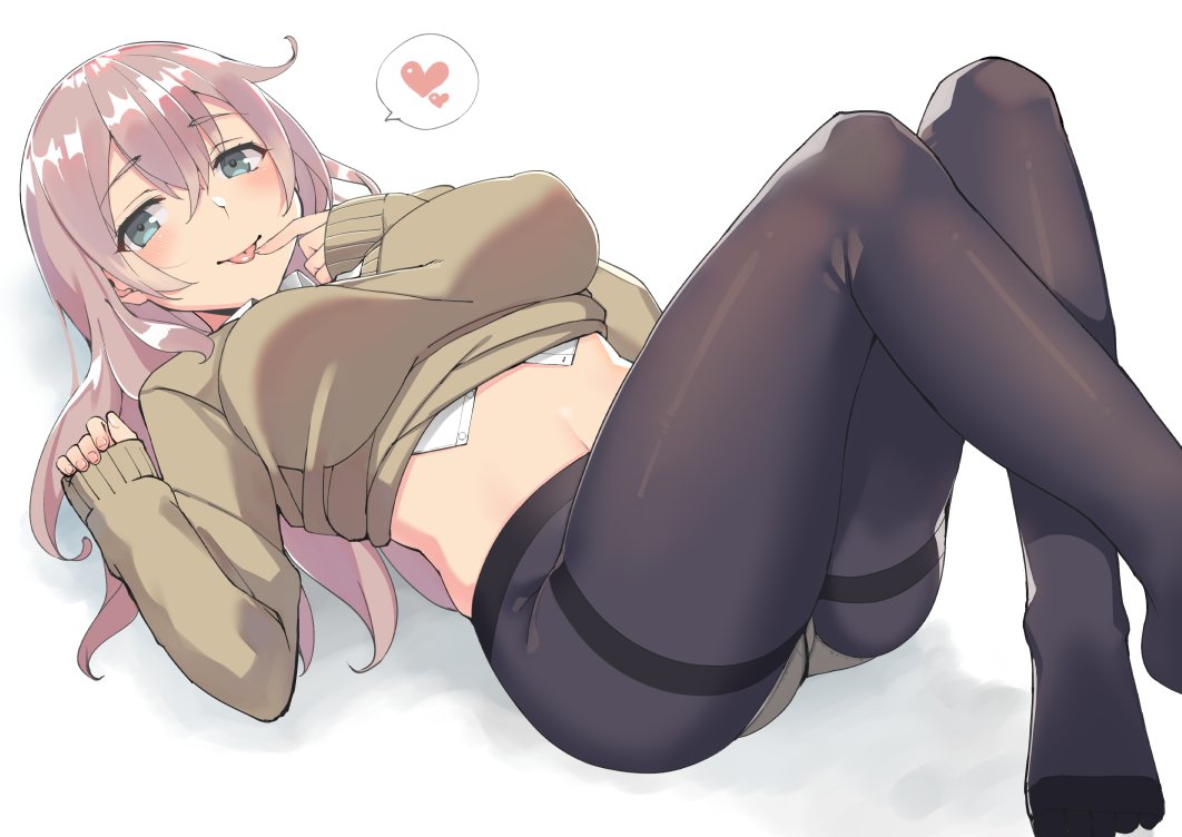 1girl :p ass blue_eyes breasts closed_mouth clothes_lift crossed_ankles eyebrows_visible_through_hair hair_between_eyes heart large_breasts light_brown_hair long_hair long_sleeves looking_at_viewer lying navel nuko_(mikupantu) on_back panties panties_under_pantyhose pantyhose shirt_lift simple_background sleeves_past_wrists smile solo spoken_heart sweater sweater_lift thighband_pantyhose tongue tongue_out underwear white_background