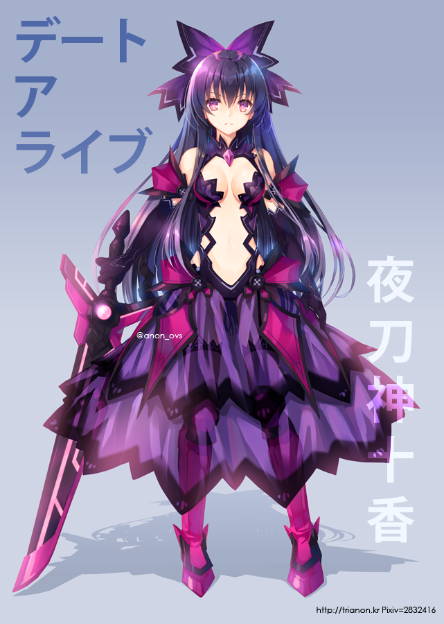 1girl armor armored_boots black_gloves black_hair boots bow breasts cleavage date_a_live dress elbow_gloves gloves grey_background hair_between_eyes hair_bow holding holding_sword holding_weapon long_hair looking_at_viewer medium_breasts midriff navel purple_bow purple_dress purple_legwear red_footwear see-through sleeveless sleeveless_dress solo standing stomach sword thigh-highs trianon very_long_hair violet_eyes watermark weapon web_address yatogami_tooka