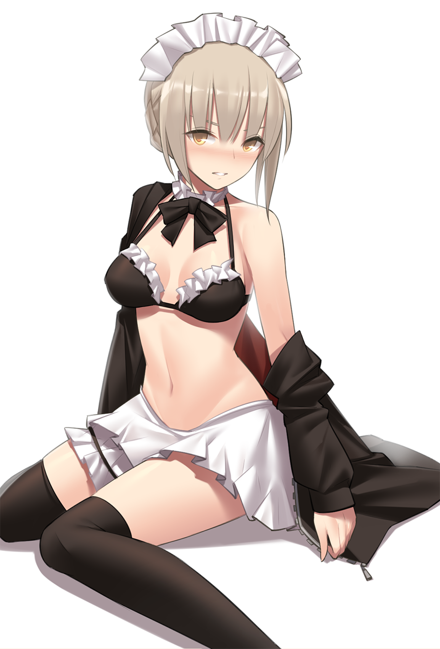 1girl artoria_pendragon_(swimsuit_rider_alter)_(fate) black_bow black_bra black_jacket black_legwear black_neckwear bow bowtie bra breasts chiiio choker cleavage collarbone fate/grand_order fate_(series) frilled_bra frills groin highres jacket looking_at_viewer maid_headdress medium_breasts midriff miniskirt navel off_shoulder open_clothes open_jacket parted_lips short_hair_with_long_locks sidelocks silver_hair simple_background sitting skirt smile solo stomach thigh-highs thigh_strap underwear unzipped white_background white_skirt yellow_eyes