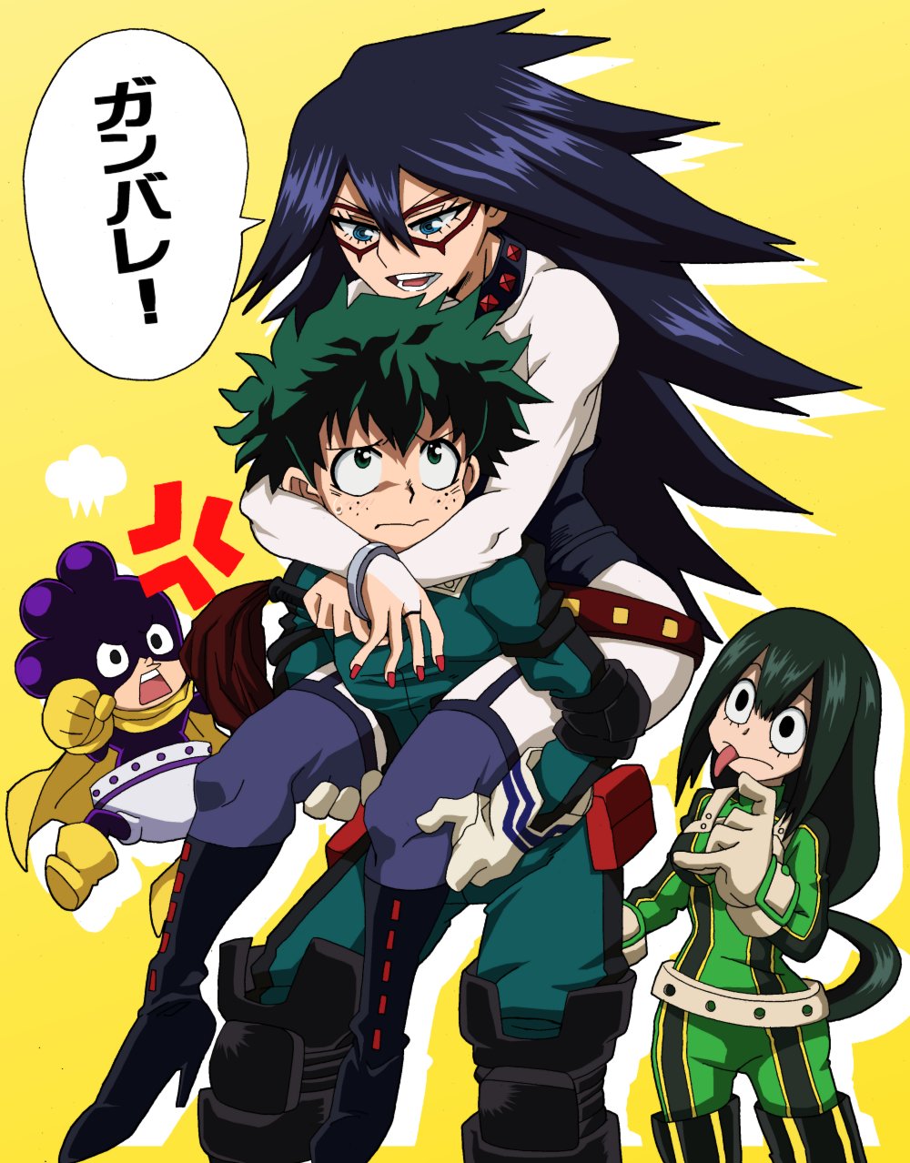 ! 2boys 2girls angry asui_tsuyu black_eyes blue_eyes blue_hair boku_no_hero_academia carrying dominatrix domino_mask green_eyes green_hair highres jealous masaru_(win800) mask midnight_(boku_no_hero_academia) midoriya_izuku mineta_minoru multiple_boys multiple_girls speech_bubble text