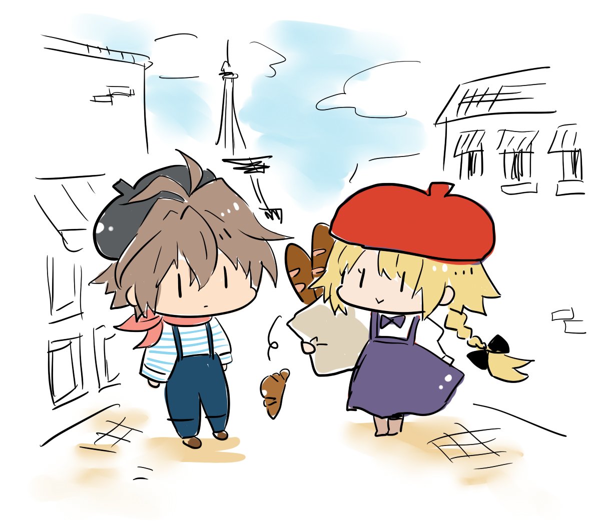 1boy 1girl bag baguette beret bread brown_footwear brown_hair commentary couple dress fate/apocrypha fate/grand_order fate_(series) food hat holding holding_bag necktie paper purple_dress ruler_(fate/apocrypha) shirt sieg_(fate/apocrypha) simple_background source_request striped striped_shirt suspenders tsuchiya_madose white_shirt