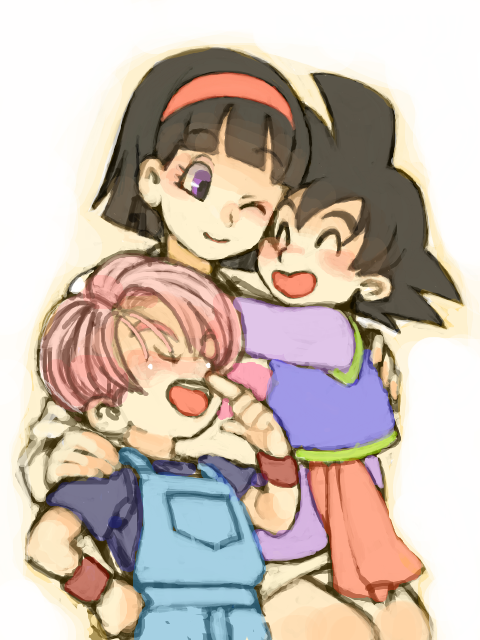 1girl 2boys ;) black_hair blush_stickers chinese_clothes closed_eyes dragon_ball dragon_ball_super dragonball_z eyebrows_visible_through_hair hand_on_own_face hands_on_another's_shoulder happy hug multiple_boys one_eye_closed open_mouth overalls purple_hair short_hair simple_background smile son_goten trunks_(dragon_ball) videl violet_eyes white_background wristband yochimune