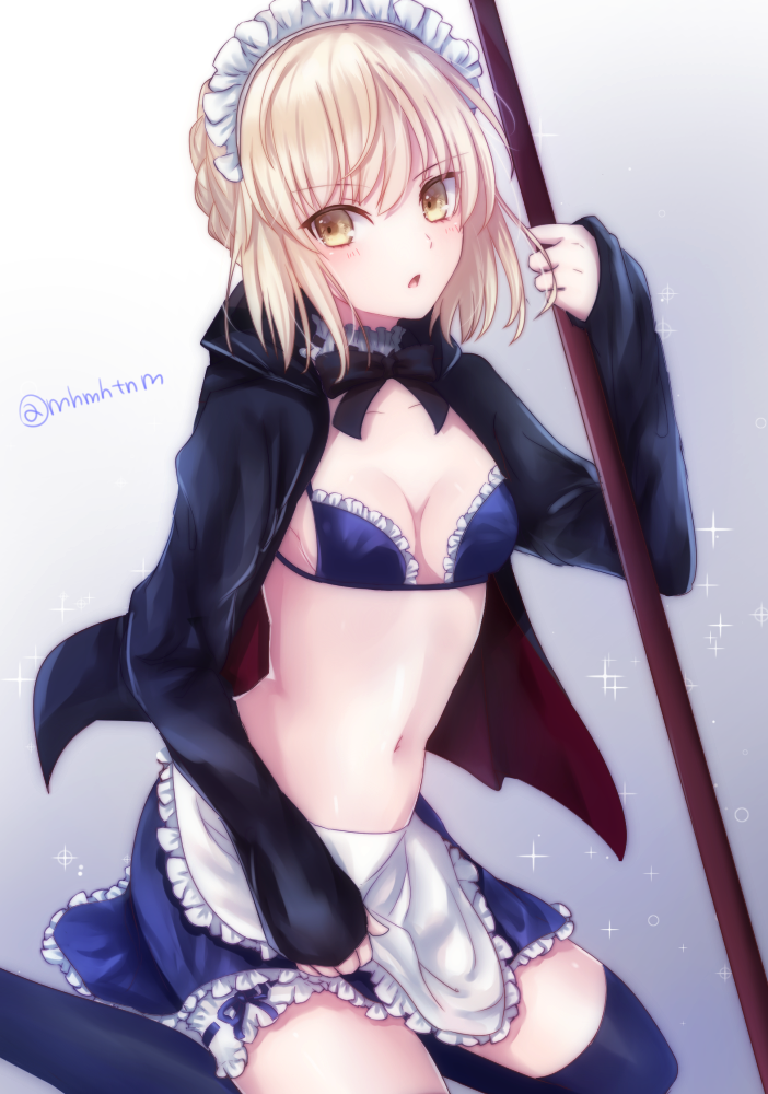 1girl apron artoria_pendragon_(swimsuit_rider_alter)_(fate) black_jacket black_legwear black_ribbon blonde_hair blue_bra blue_skirt blush bra breasts cleavage collarbone eyebrows_visible_through_hair fate/grand_order fate_(series) frilled_apron frilled_bra frilled_skirt frills hair_between_eyes holding holding_weapon jacket maid_headdress medium_breasts midriff miniskirt navel neck_ribbon open_clothes open_jacket open_mouth polearm ribbon short_hair sitting skirt solo stomach tanaji thigh-highs underwear weapon white_apron yellow_eyes