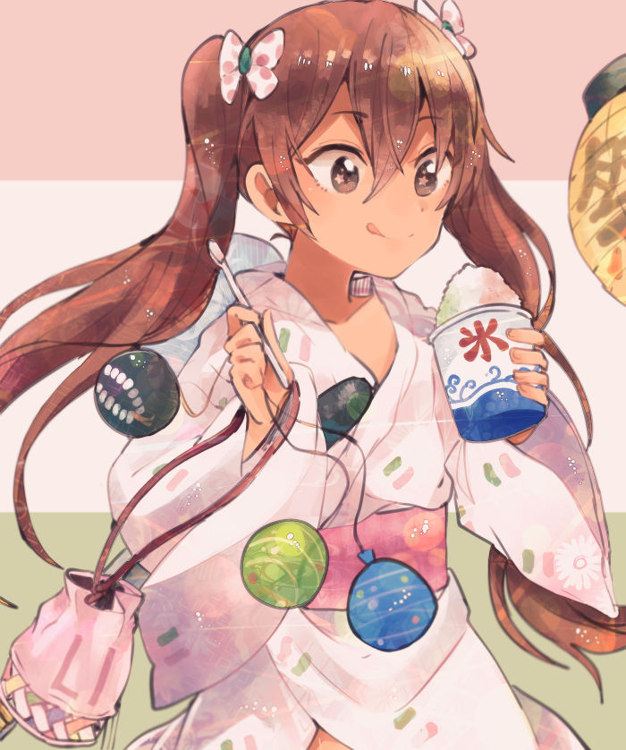 1girl brown_eyes brown_hair itomugi-kun japanese_clothes kantai_collection kimono libeccio_(kantai_collection) long_hair shaved_ice solo tan tongue tongue_out twintails water_balloon yukata