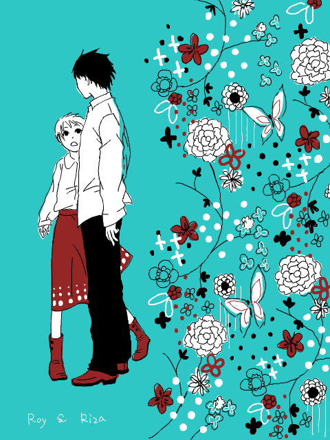 1boy 1girl black black_eyes black_hair black_pants blue_background boots butterfly character_name floral_background flower fullmetal_alchemist long_sleeves looking_at_another monochrome open_mouth out_of_frame pants red red_footwear red_skirt riza_hawkeye roy_mustang shirt shoes short_hair simple_background skirt white white_shirt younger